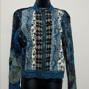 Paisley Patchwork Zip-Up Jacket Lace Trim Sequin Accents Boho Blue Size Medium
